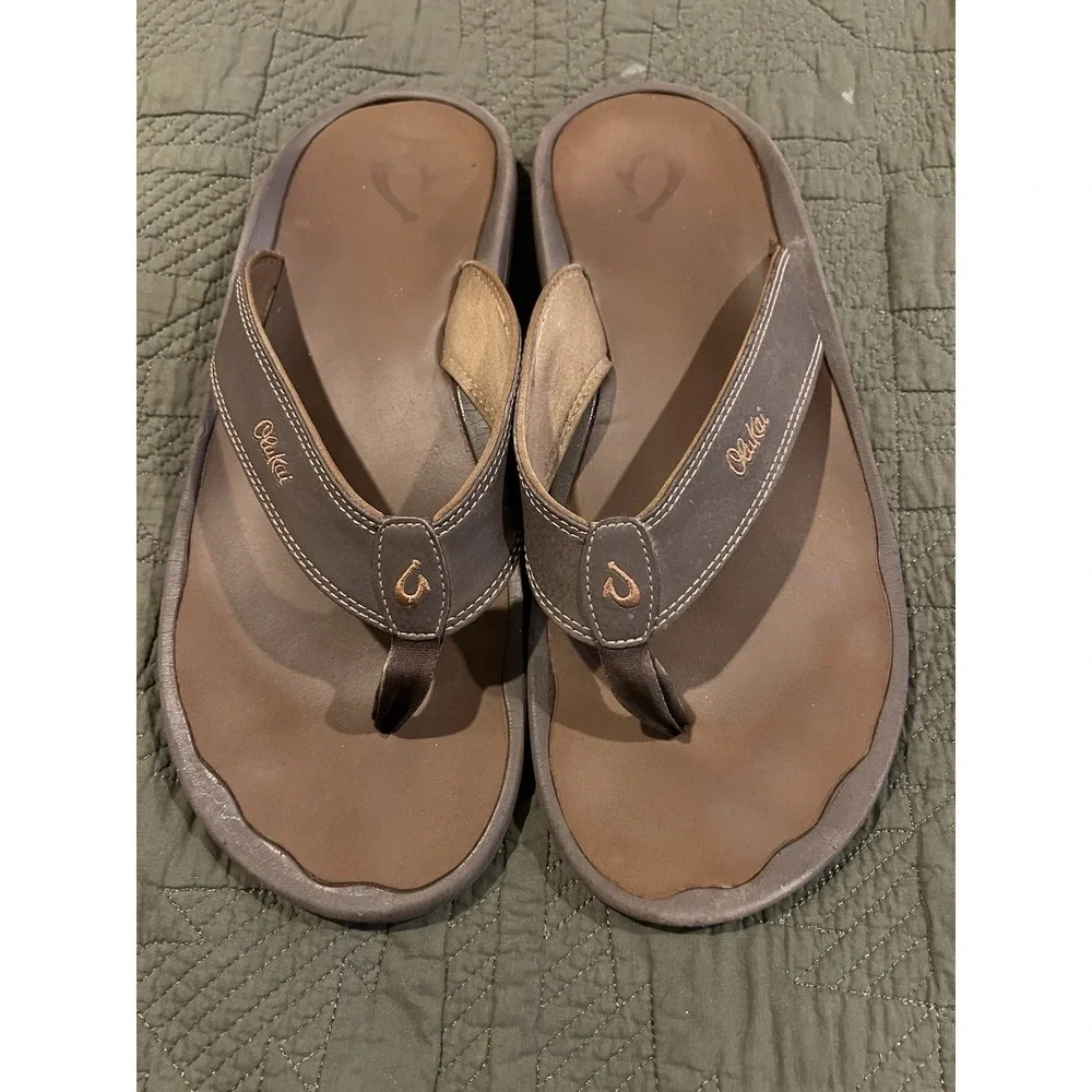 OlaKai Men's Thong Flip Flops Size 14 Brown Lightly Used